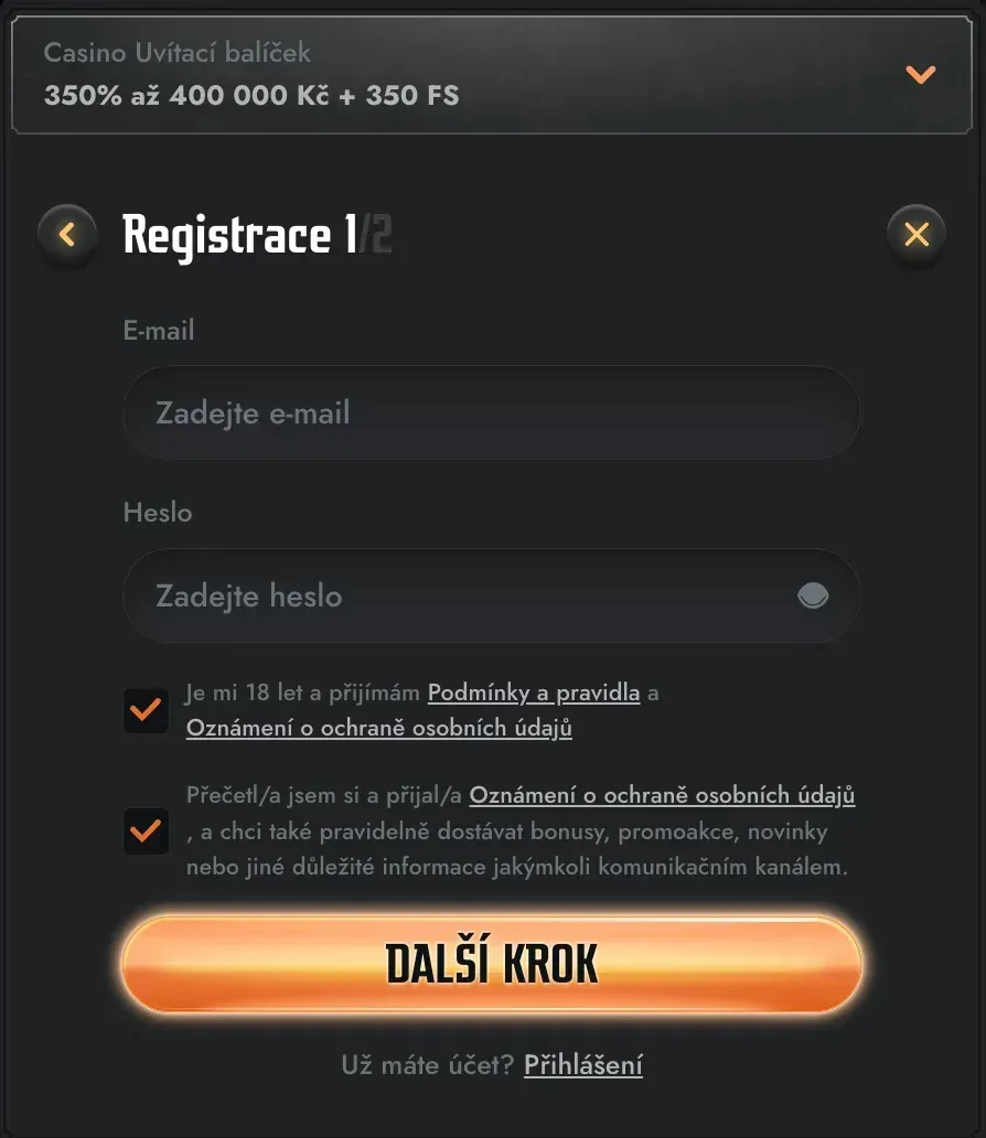 Registrační formulář v Gransino casino